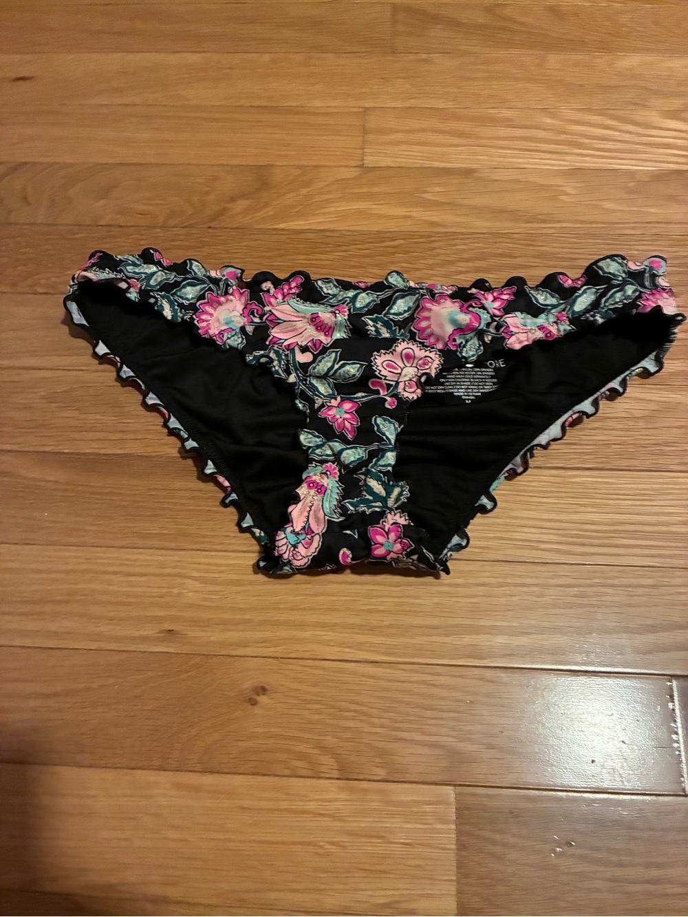 Shade & Shore Black Floral Ruffle Bikini Bottoms with Pink Accents